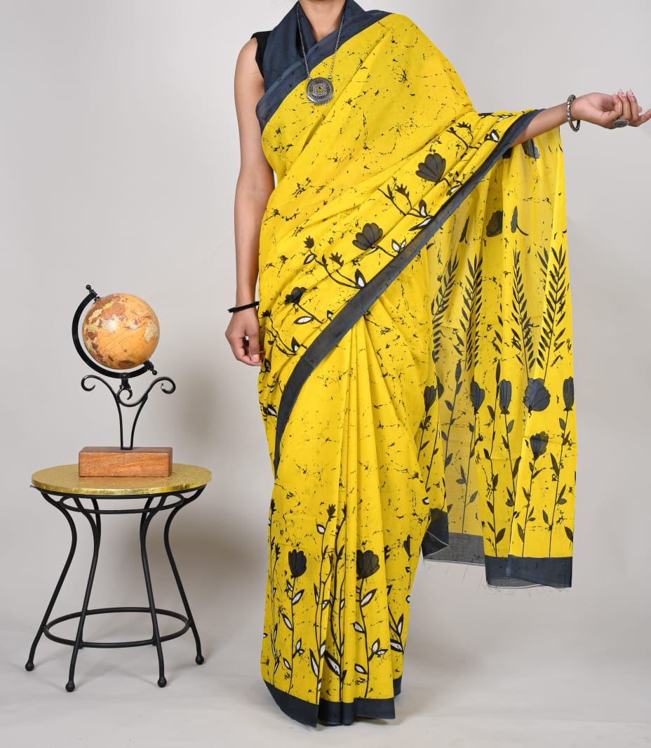 Bagru Block Print Yellow Cotton mulmul Sarees With Running Blouse