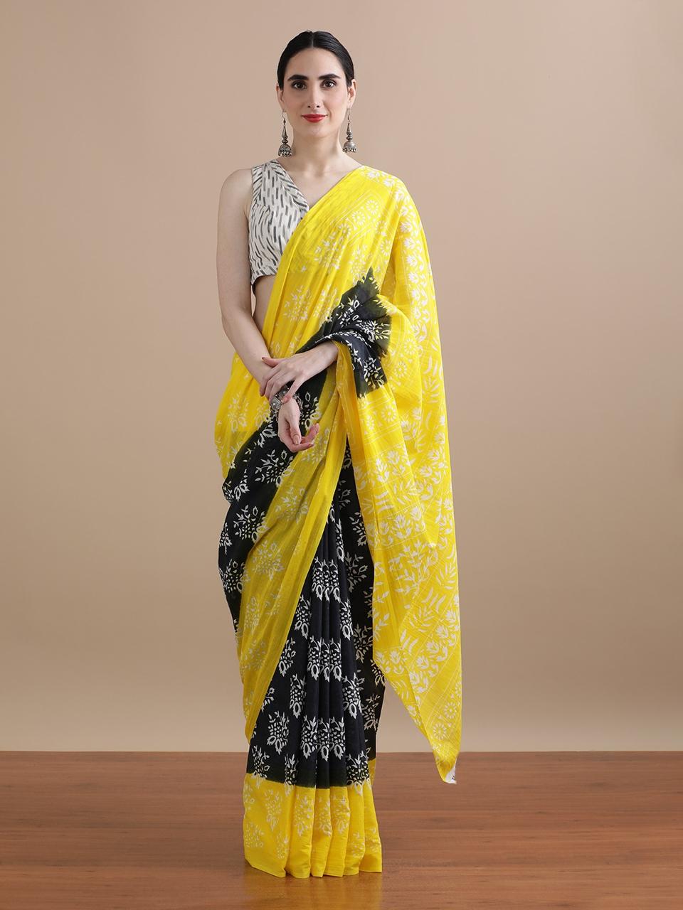 Bagru Print Yellow & D Grey Block Print Cotton Mulmul Saree