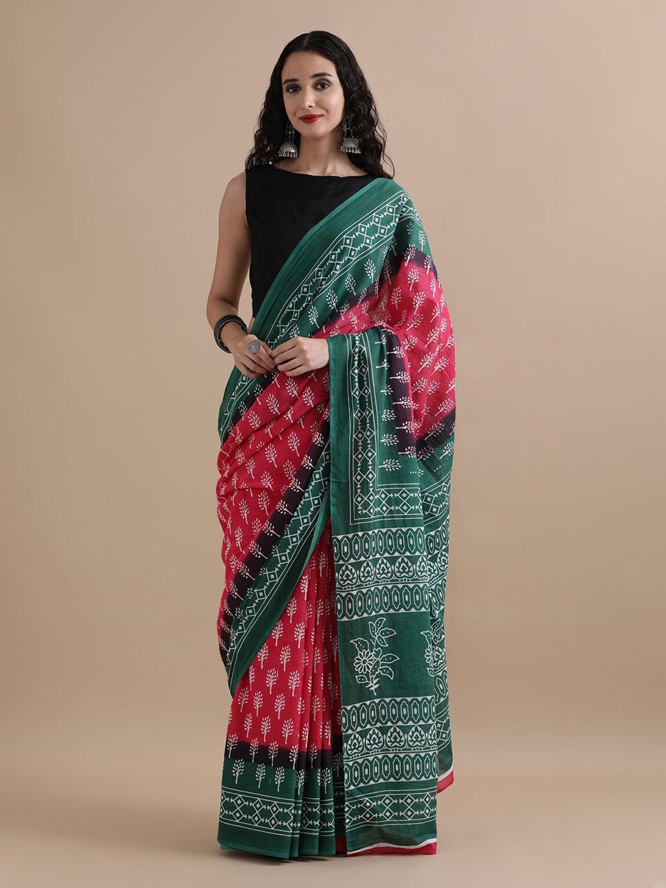 Bagru D Pink & Rama Green  Block Print Cotton Mulmul Saree