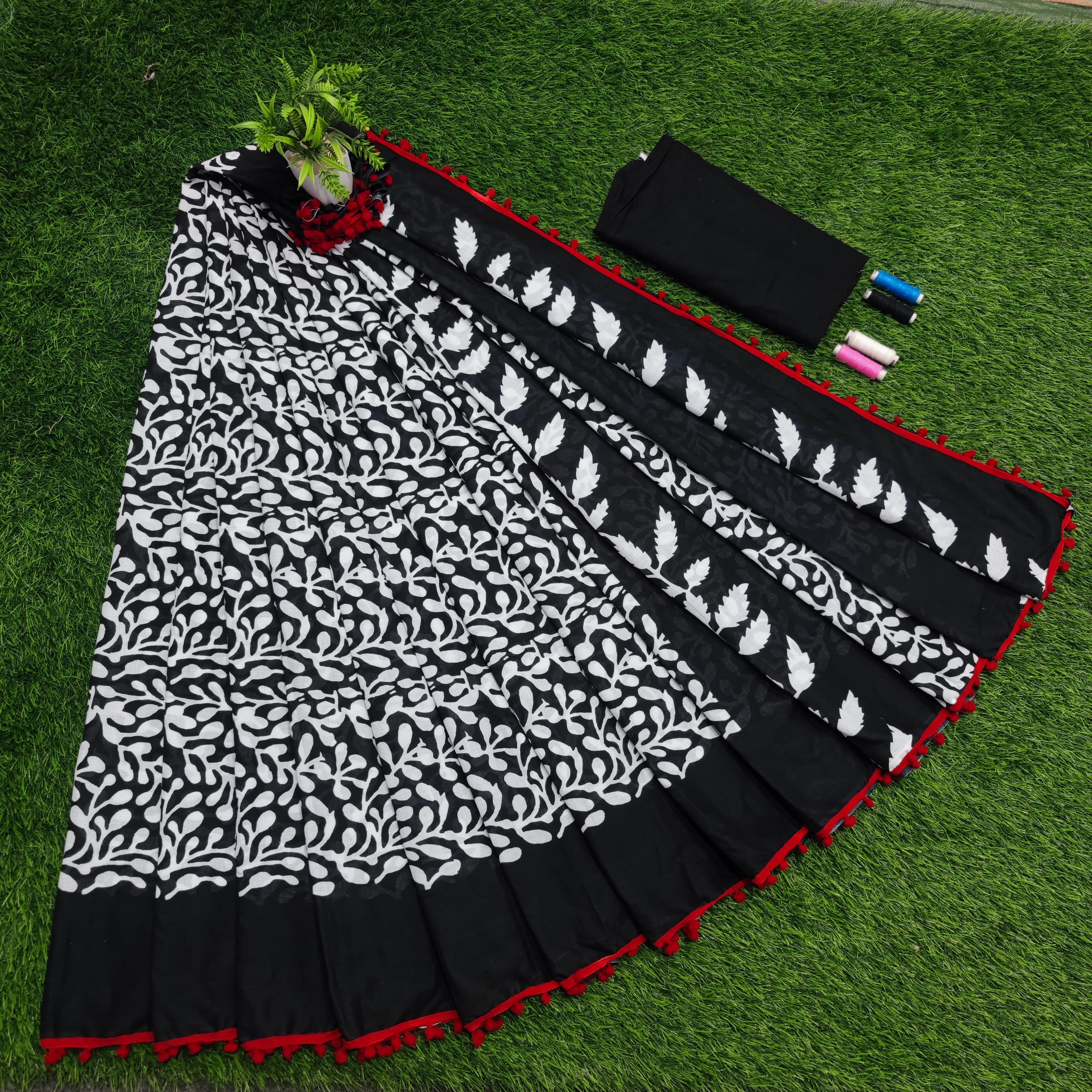 Cotton Handblock Pompom Saree