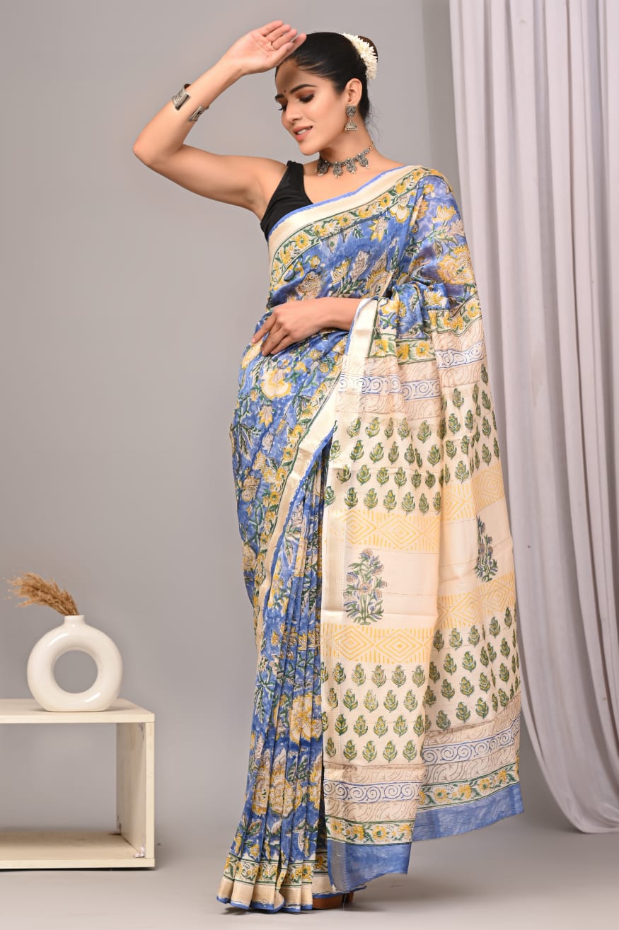 Blue & Yellow Maheshwari Silk Saree