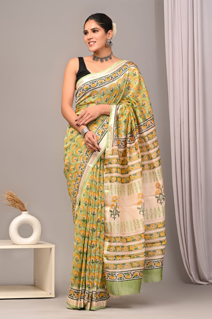 Lime Green & Yellow Maheshwari Silk Saree