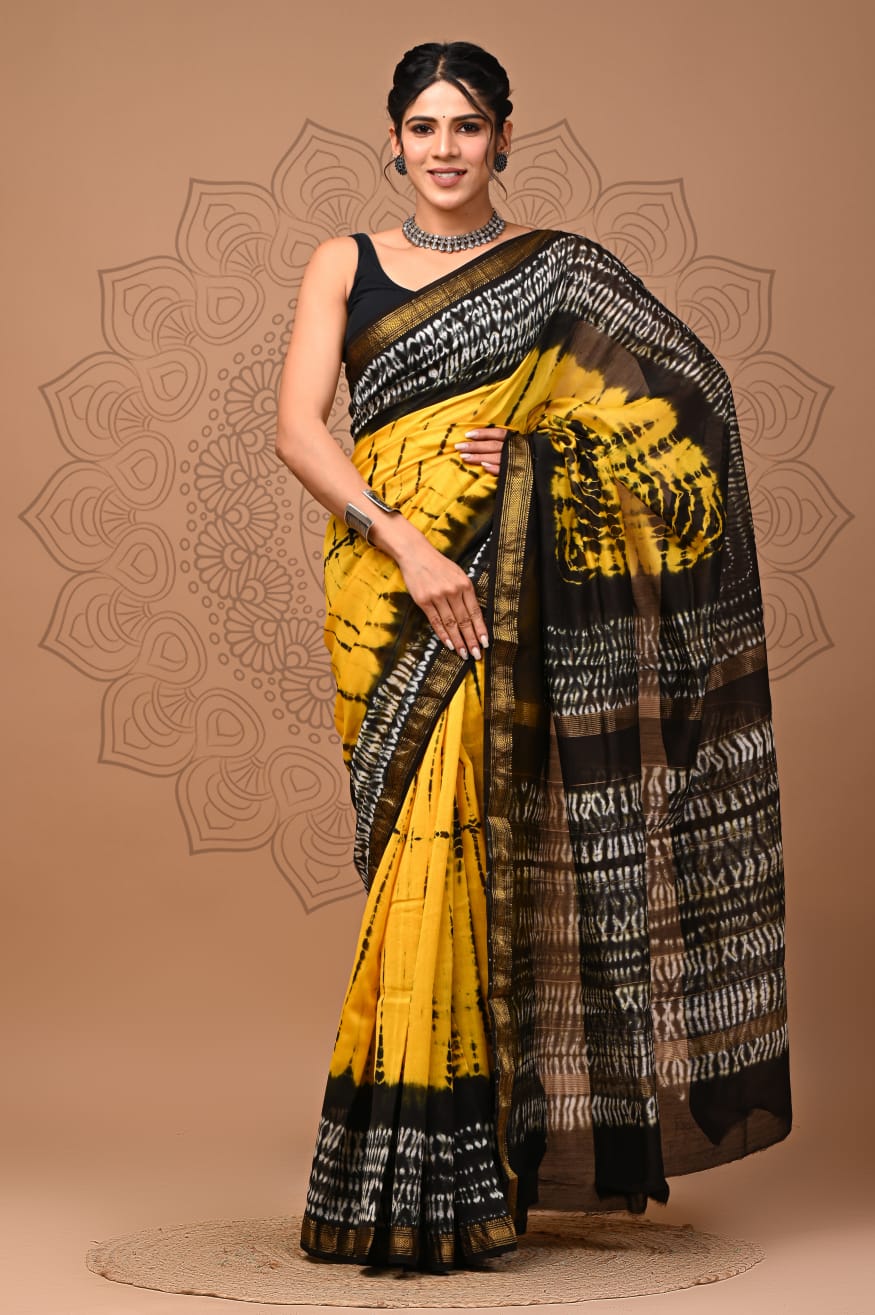 Yellow & Black  Maheshwari Silk Saree