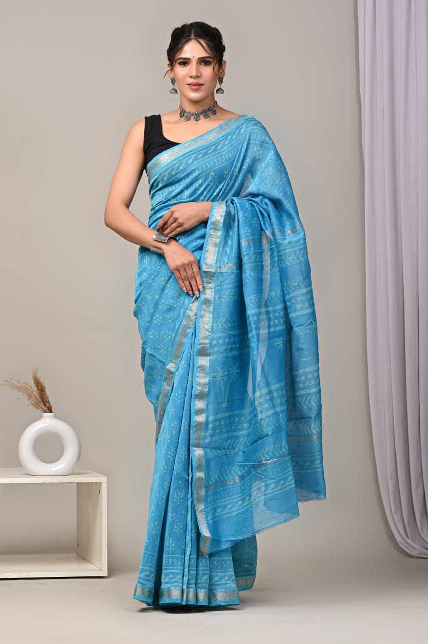 Sky Blue Maheshwari Silk Saree