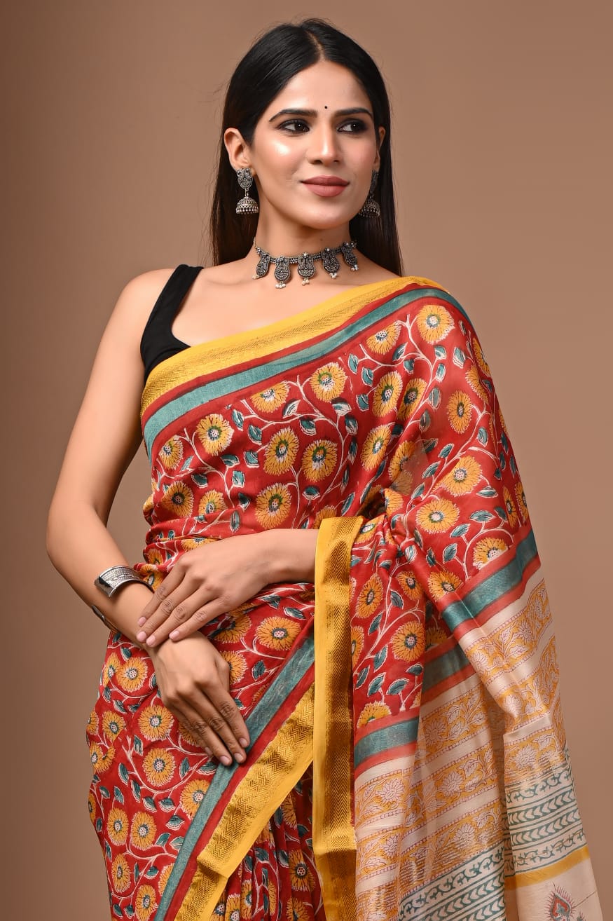Red & Yellow  Maheshwari Silk Saree
