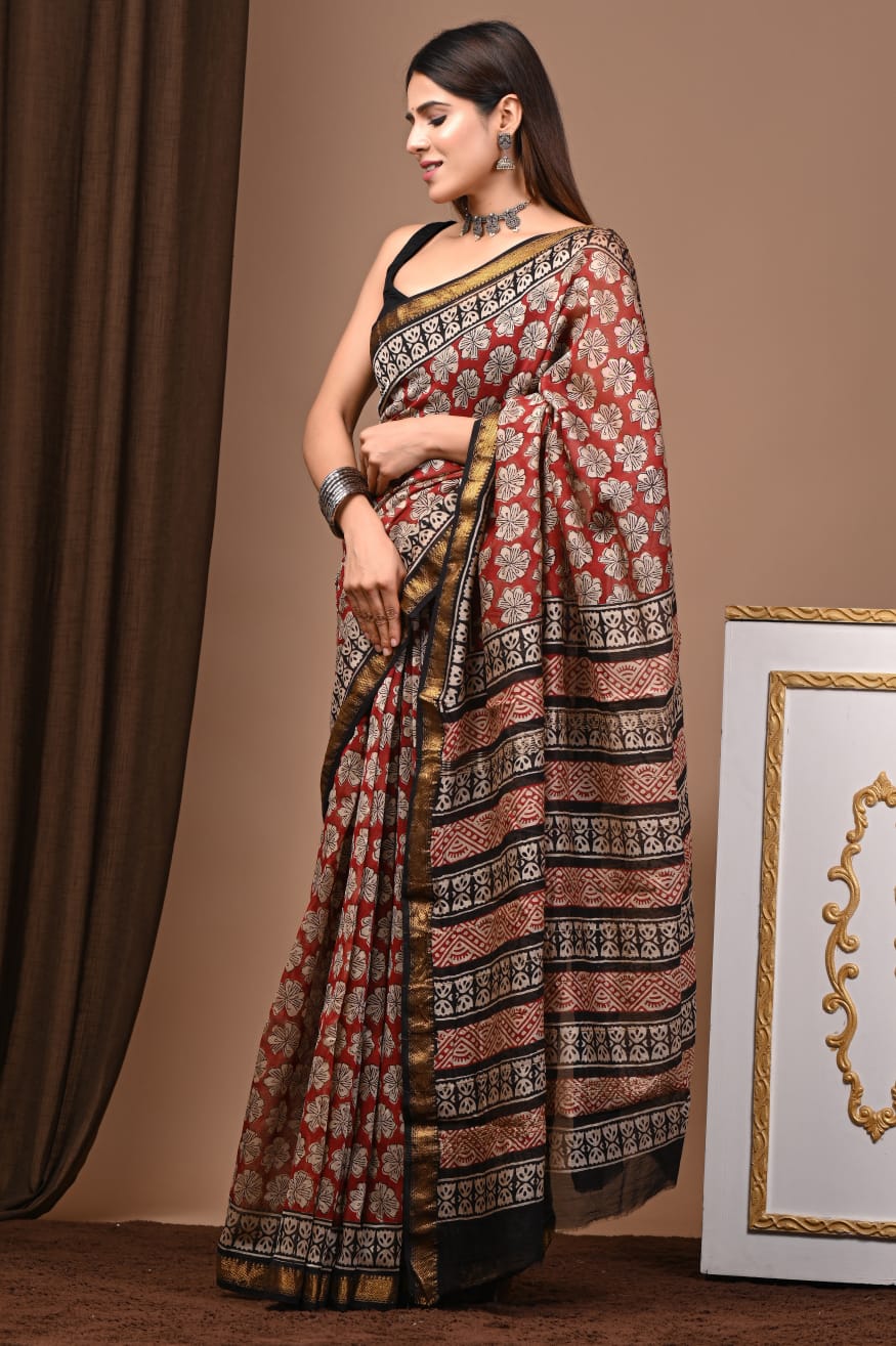 Maroon & Black Maheshwari Silk Saree