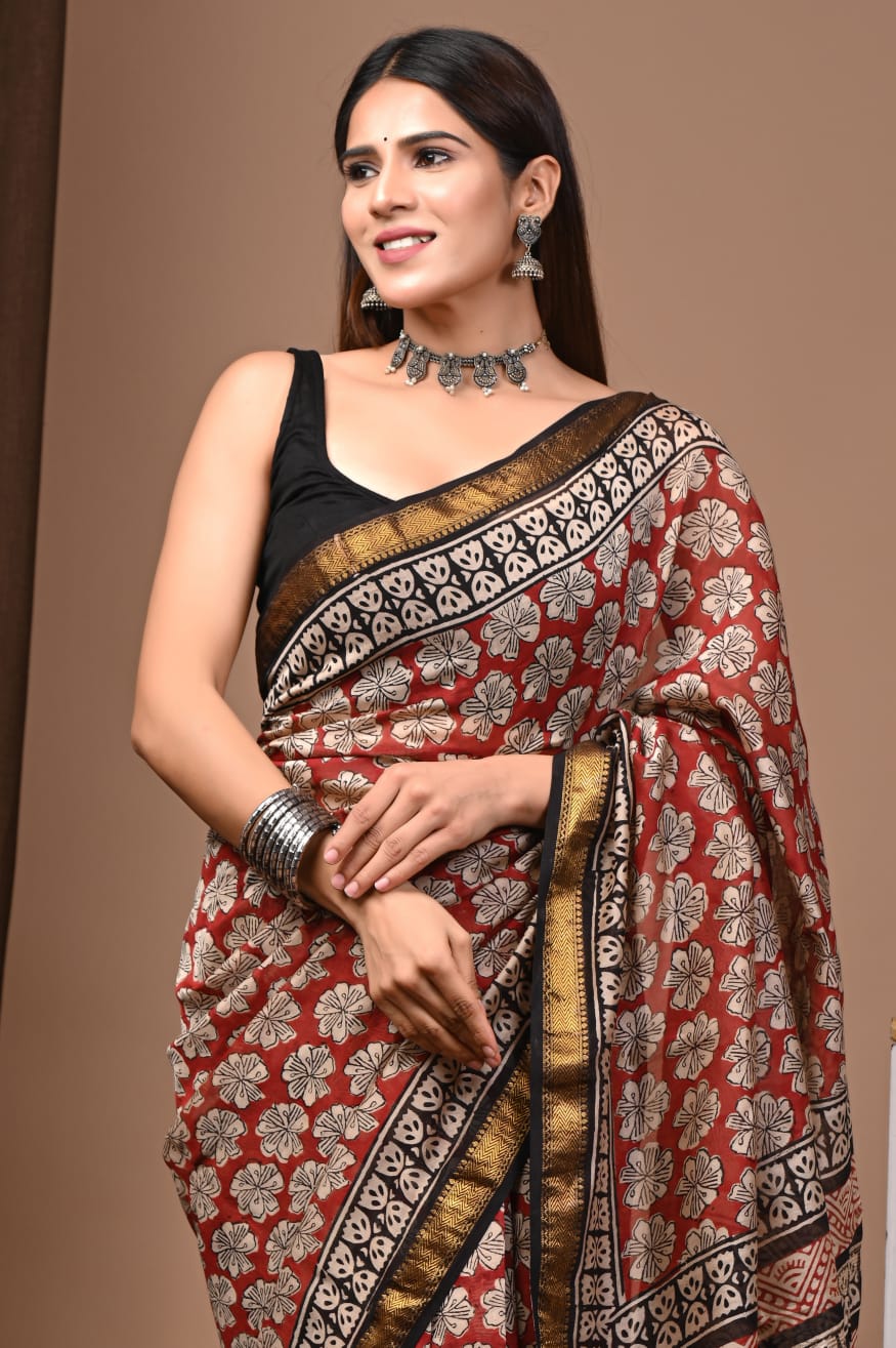 Maroon & Black Maheshwari Silk Saree