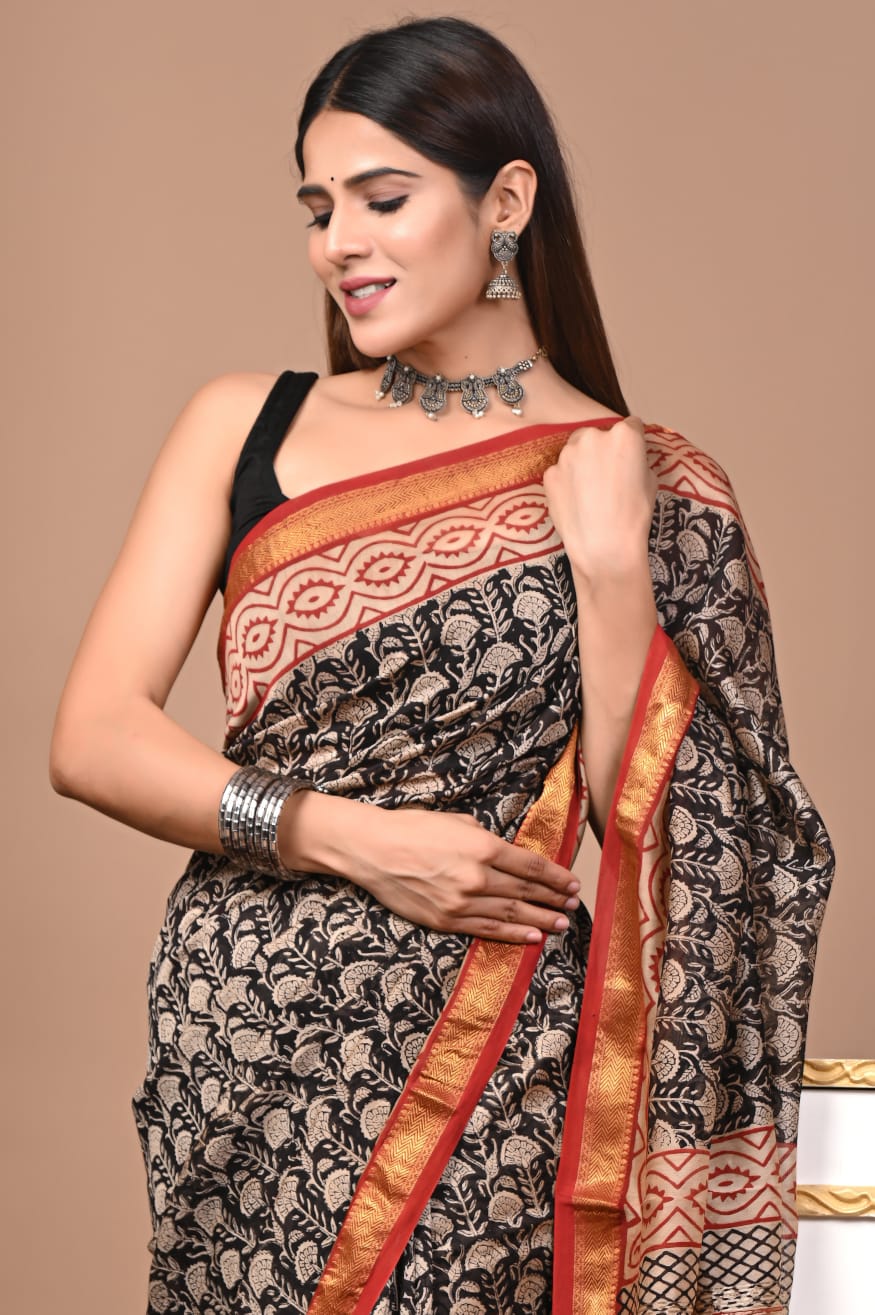 Black & Red Maheshwari Silk Saree